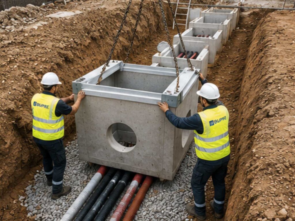 instalación de arqueta prefabricada de hormigón en un centro de datos