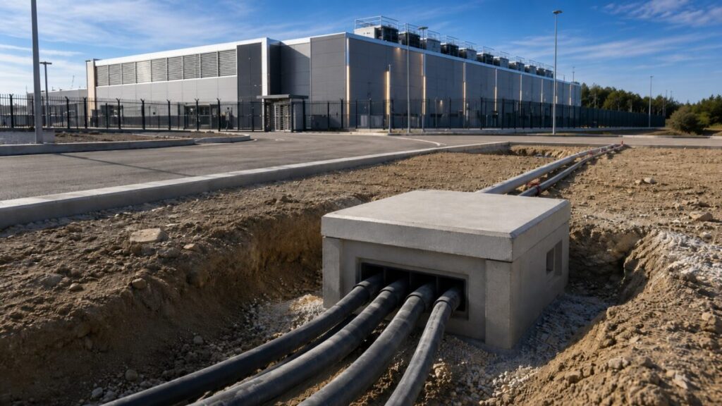 Infraestructura exterior de un centro de datos con arquetas y canalizaciones prefabricadas de hormigón.