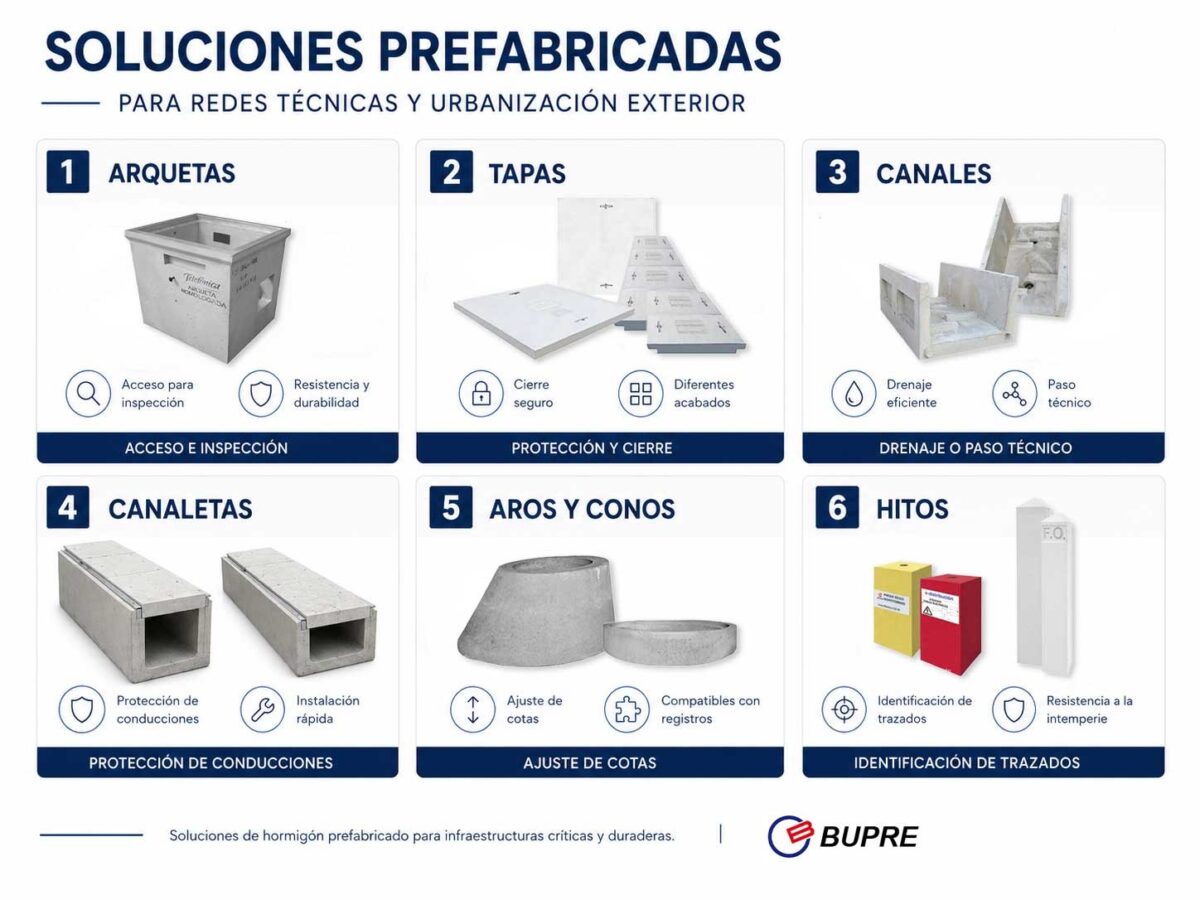 Aplicaciones de arquetas, tapas, canales y canaletas prefabricadas en la obra civil de un centro de datos.