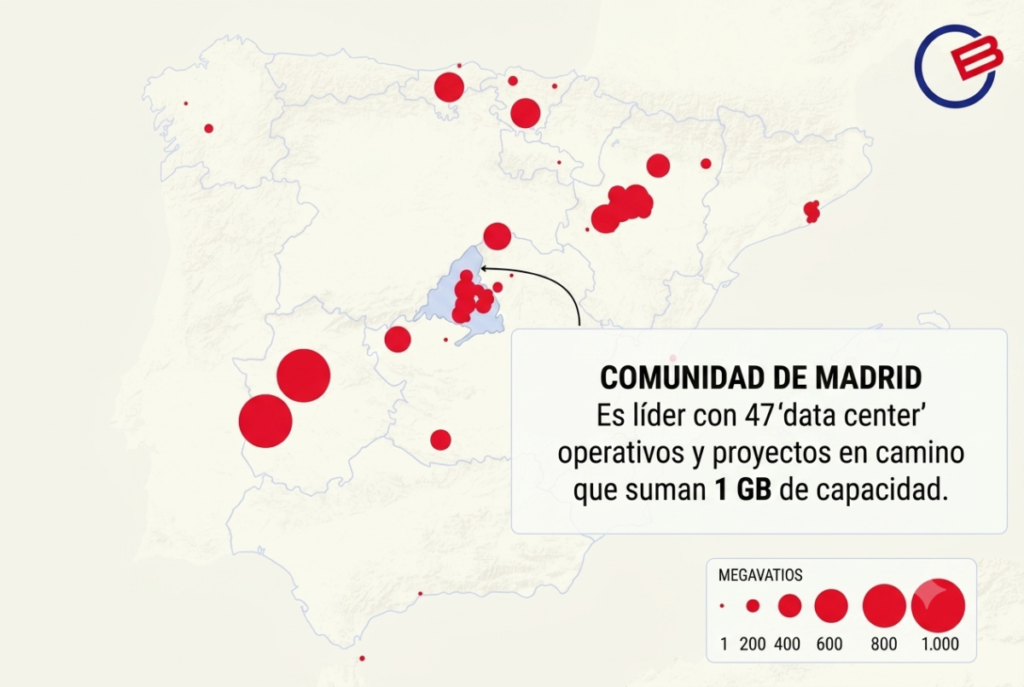 Mapa con la expansión de centros de datos en España