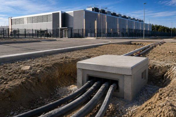 Infraestructura exterior de un centro de datos con arquetas y canalizaciones prefabricadas de hormigón.
