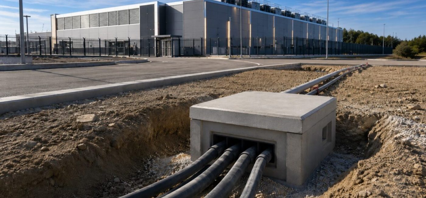 Infraestructura exterior de un centro de datos con arquetas y canalizaciones prefabricadas de hormigón.